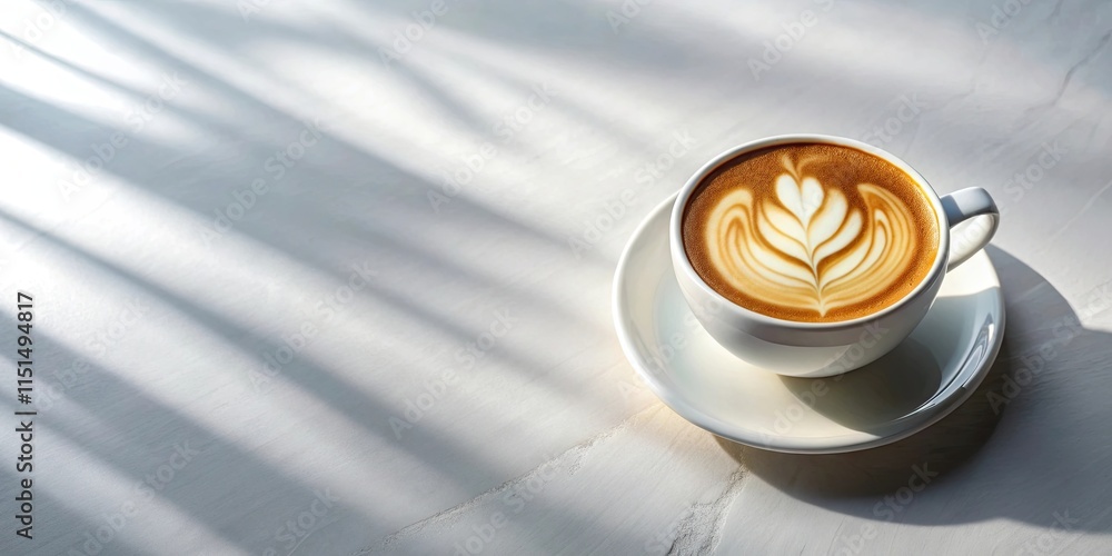 Aromatic Latte Art in Sunlight A Cup of Coffee with Intricate Design on a White Surface Aromatic Latte Art in Sunlight A Cup of Coffee with Intricate Design on a White Surface