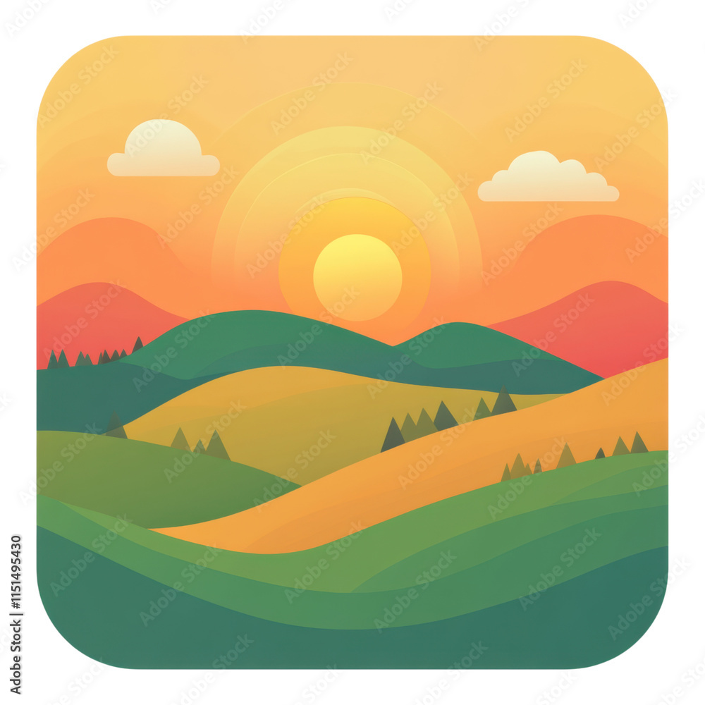 Obraz premium Sunrise Over Hills Icon, vibrant colors illuminate rolling hills, serene atmosphere, perfect for nature-themed projects, PNG format, transparent background
