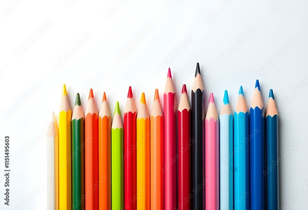 Many different colored pencils on a white background, Colored pencils arranged in color wheel colors on a white background, Group of multicolor pencils. Many different colored pencils on a white background, Colored pencils arranged in color wheel colors on a white background, Group of multicolor pencils.