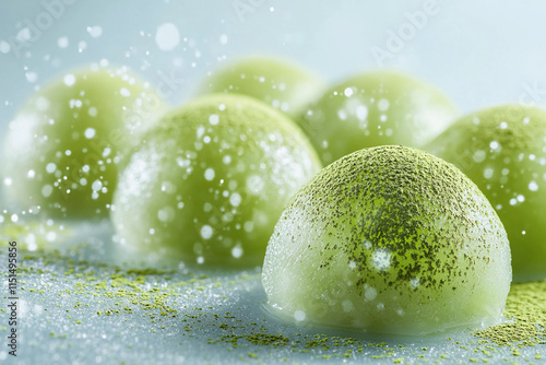 A macro shot of matcha-flavored mochi with a soft and chewy texture, dusted with matcha powder, vivid and realistic photo