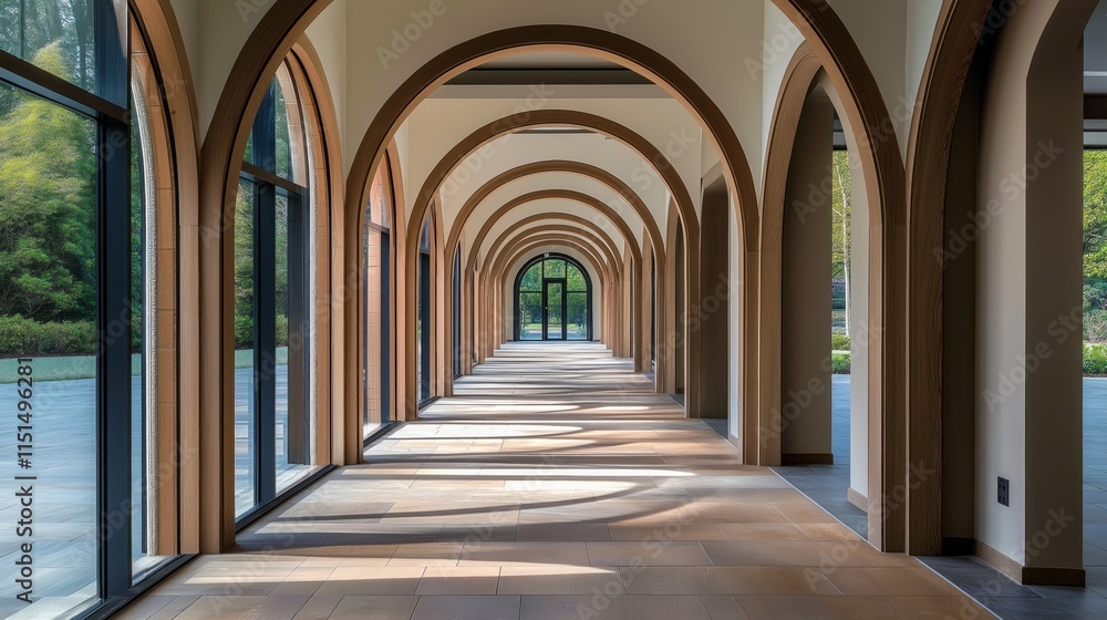 A beautifully designed corridor showcases a series of elegant arches, casting soft shadows on the smooth floor, inviting visitors to explore the peaceful landscape beyond the glass walls A beautifully designed corridor showcases a series of elegant arches, casting soft shadows on the smooth floor, inviting visitors to explore the peaceful landscape beyond the glass walls