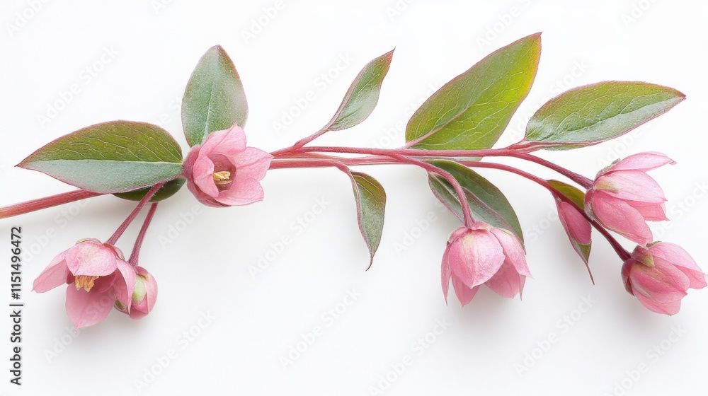 Obraz premium a stem with pink bell-shaped flowers and green leaves on a white background