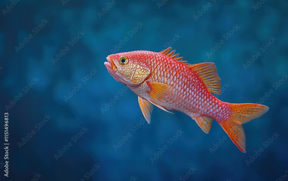 A vibrant red snapper fish levitating mid-air, its scales glistening, on a deep blue background A vibrant red snapper fish levitating mid-air, its scales glistening, on a deep blue background
