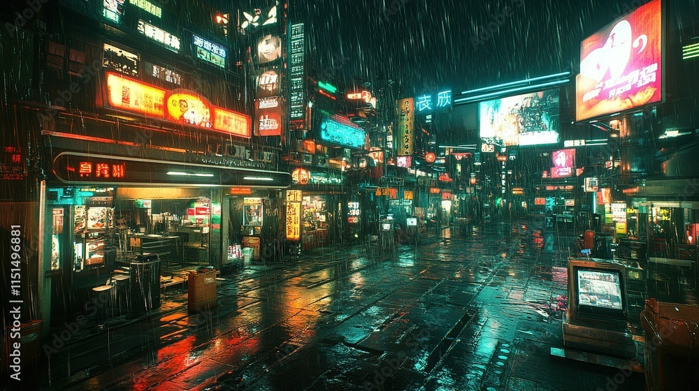 Obraz premium A futuristic street with neon-lit storefronts, holographic advertisements, and rain-soaked streets.
