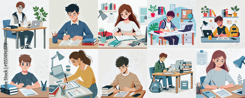 Vector set of a teenager completing school or office assignments with a simple flat design style