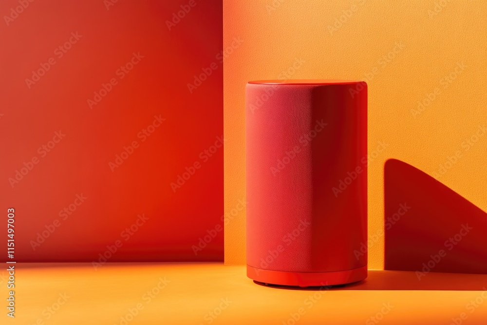 Vibrant Red Portable Loudspeaker on Bold Orange Background for Modern Audio Design Vibrant Red Portable Loudspeaker on Bold Orange Background for Modern Audio Design