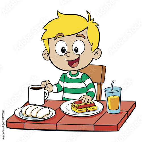 "Cartoon Little Boy Having Breakfast Vector Illustration"

