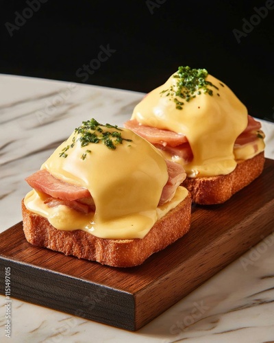 A mouthwatering dish featuring toasted bread topped with ham and rich cheese sauce. photo