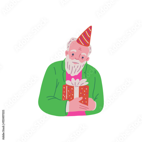 Vector illustration with portrait of grandfather in party hat and gift box.