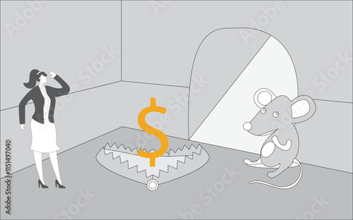 Mouse traps, snares, investment scams or traps in front of mouse holes, mouse traps placed in front of mouse holes and dollar signs