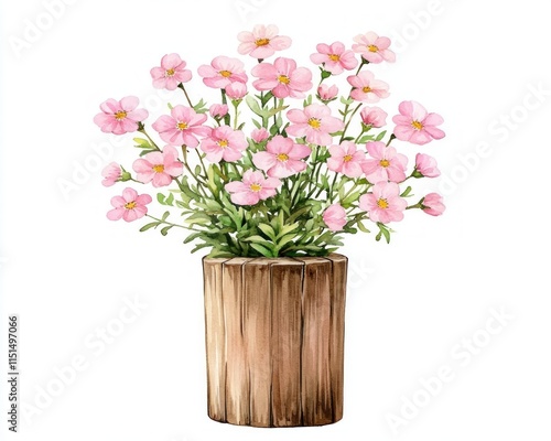 Wallpaper Mural A charming arrangement of delicate pink flowers in a rustic wooden pot, perfect for decoration. Torontodigital.ca