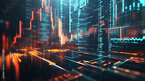 A futuristic image of AI-powered financial trading systems with digital graphs.