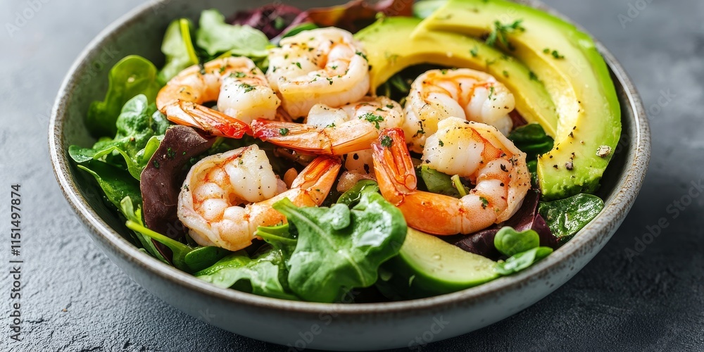 Fresh salad featuring avocado and shrimp in a bowl, captured from a top view. This vibrant salad with avocado and shrimp offers a delightful presentation and healthy eating option. Fresh salad featuring avocado and shrimp in a bowl, captured from a top view. This vibrant salad with avocado and shrimp offers a delightful presentation and healthy eating option.