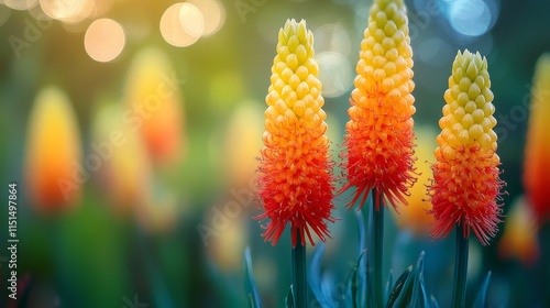 Vibrant yellow and red flower of the Kniphofia plant, also known as Tritoma, showcases stunning beauty. The Kniphofia flower s unique colors make it an eye catching element in any garden setting. photo