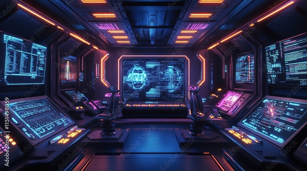 A futuristic control room with neon lights, holographic screens, and sleek, high-tech surfaces. A futuristic control room with neon lights, holographic screens, and sleek, high-tech surfaces.