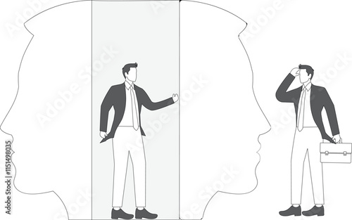 Lies or deceptions, the art of speech, liars, fraud or betrayal, dishonesty, double-dealing, Businessman standing around inside and outside of double-faced masks