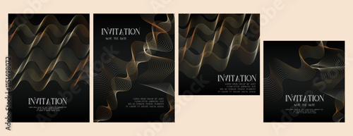 golden curve waves Luxury invitation square card background set. Premium geometric shape, gold line gradient on dark, Rich design for gala, grand opening, party invitation, layout, templates.