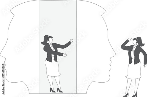 Lies or deceptions, the art of speech, liars, fraud or betrayal, dishonesty, double-dealing, Businesswoman standing around inside and outside of double-faced masks