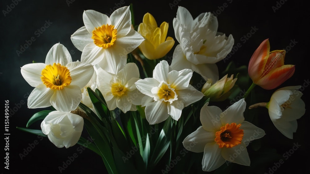 Naklejka premium Macro shot of daffodils and tulips arranged in a bouquet, showcasing the intricate details of the flowers in a dark setting illuminated by soft sunlight and captivating shadows.