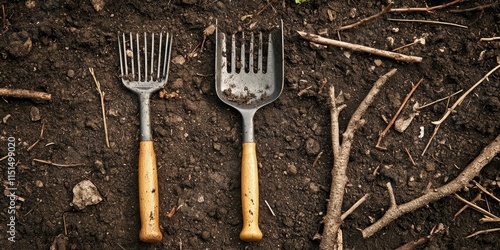 Garden trowel and rake surrounded by twigs and dirt create a perfect scene for gardening enthusiasts. A garden trowel and rake are essential tools for working in the garden. photo