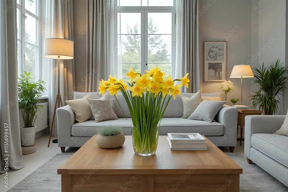 Fototapeta premium Interior of light living room with grey sofas and yellow narcissus flowers on wooden coffee table. Front view.