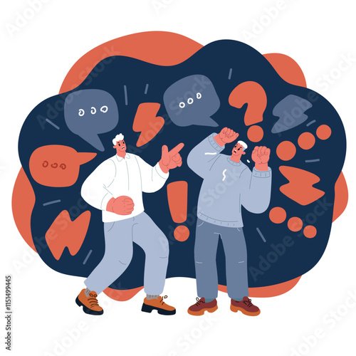 Cartoon vector illustration of two men arguing with each other, symbolizing conflict, tension, and disagreement.