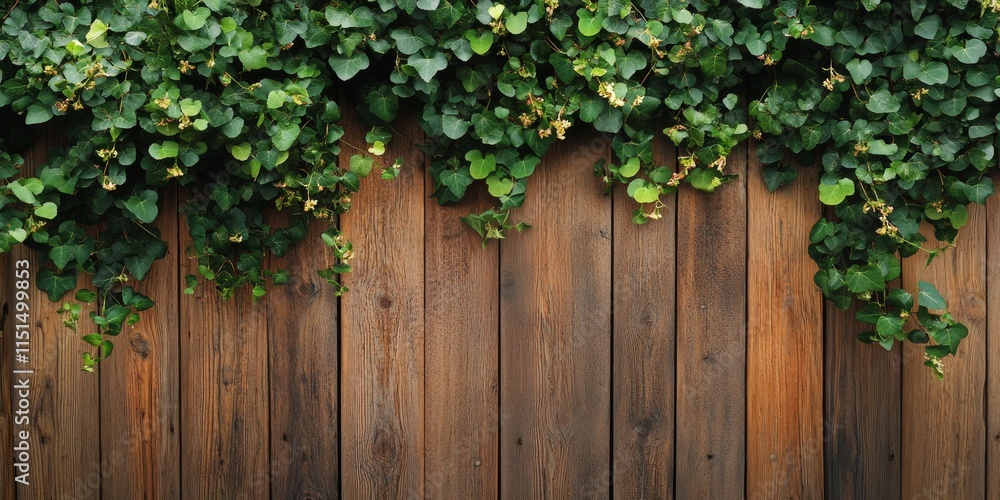 Fototapeta premium Wooden wall featuring lush creepers on the left side, embodying a popular English style with vintage charm. This wooden wall serves as a captivating backdrop with ample copy space.
