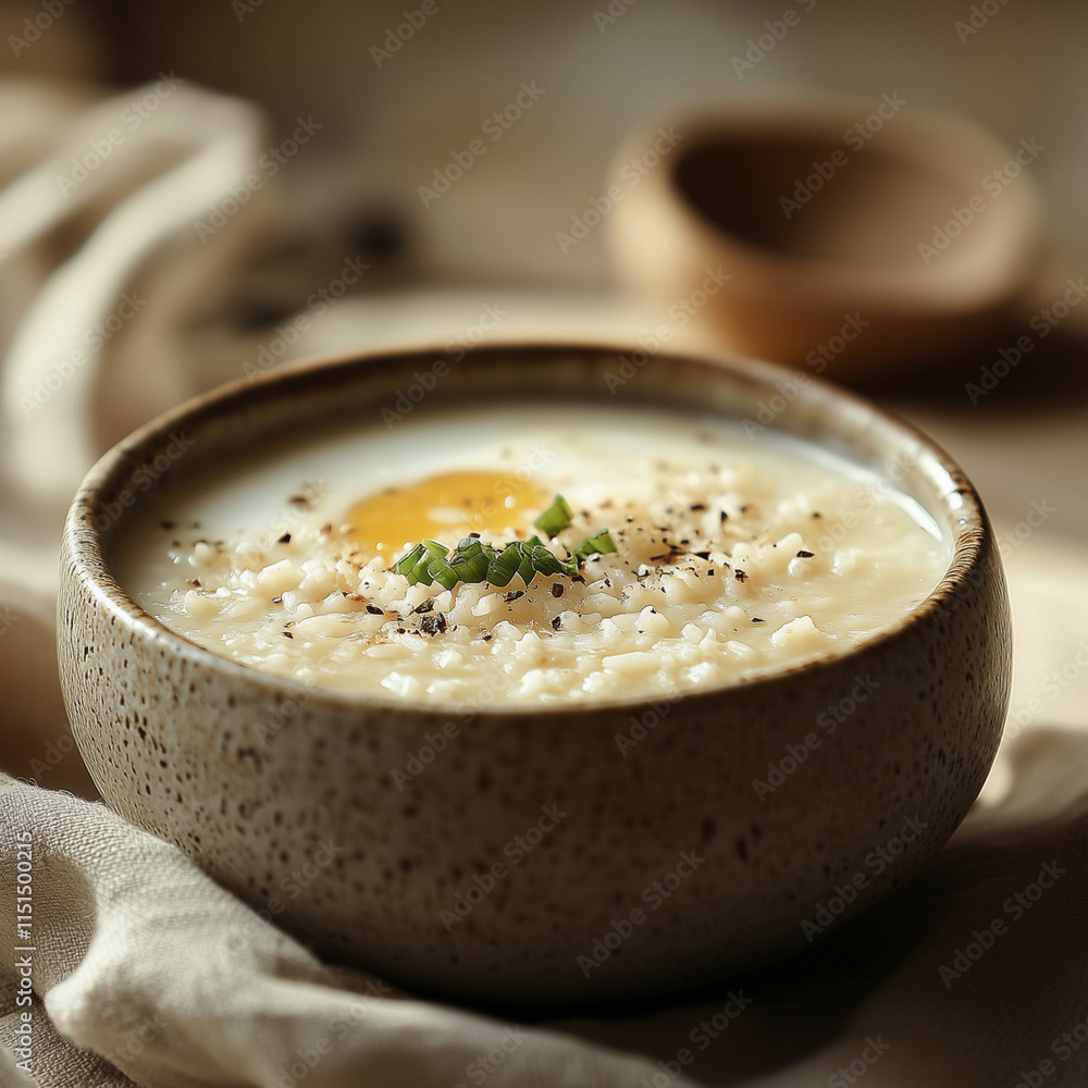 Artistic shot of arroz caldo with a creamy texture, minimalist background, warm and inviting feel Artistic shot of arroz caldo with a creamy texture, minimalist background, warm and inviting feel