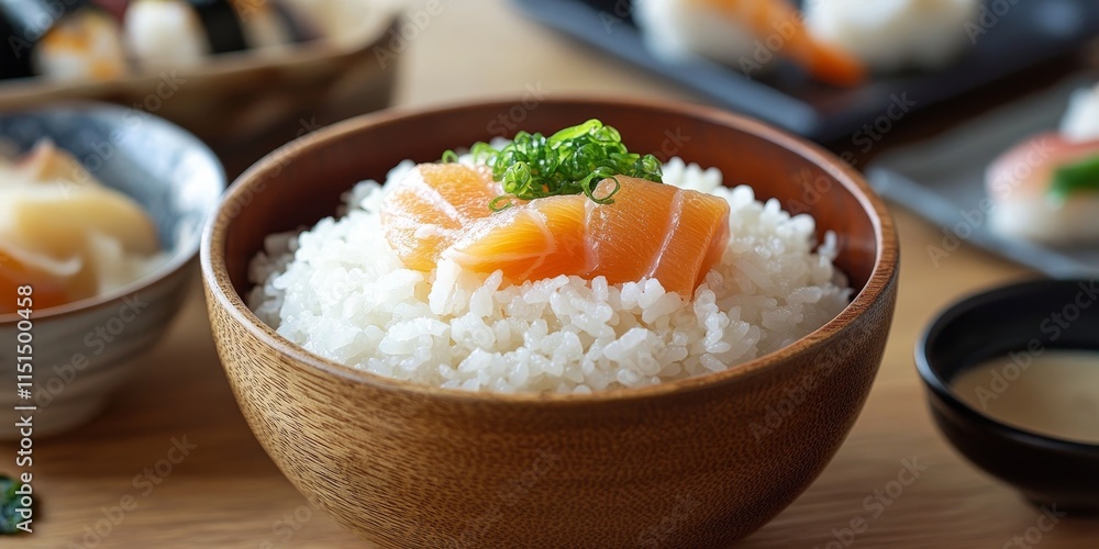 Sushi rice served in a traditional wooden bowl, showcasing the preparation of homemade sushi using fresh ingredients to create a delightful culinary experience with sushi rice. Sushi rice served in a traditional wooden bowl, showcasing the preparation of homemade sushi using fresh ingredients to create a delightful culinary experience with sushi rice.