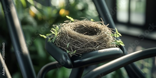 Bird s nest resting on a fitness machine, showcasing an unexpected blend of nature and exercise equipment in a unique setting. The fitness machine becomes a surprising home for the bird s nest. photo