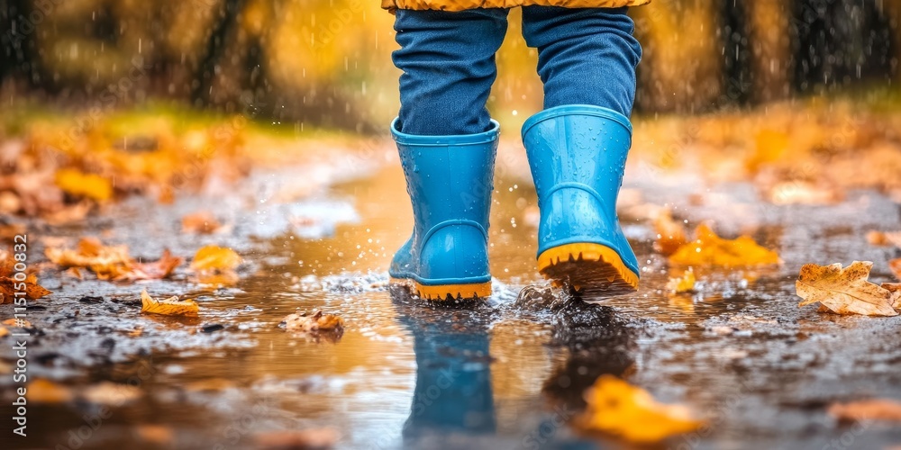 Child in rubber boots enjoying playtime in a rainy autumn park, creating joyful moments while splashing through puddles in vibrant fall scenery with rubber boots on. Child in rubber boots enjoying playtime in a rainy autumn park, creating joyful moments while splashing through puddles in vibrant fall scenery with rubber boots on.