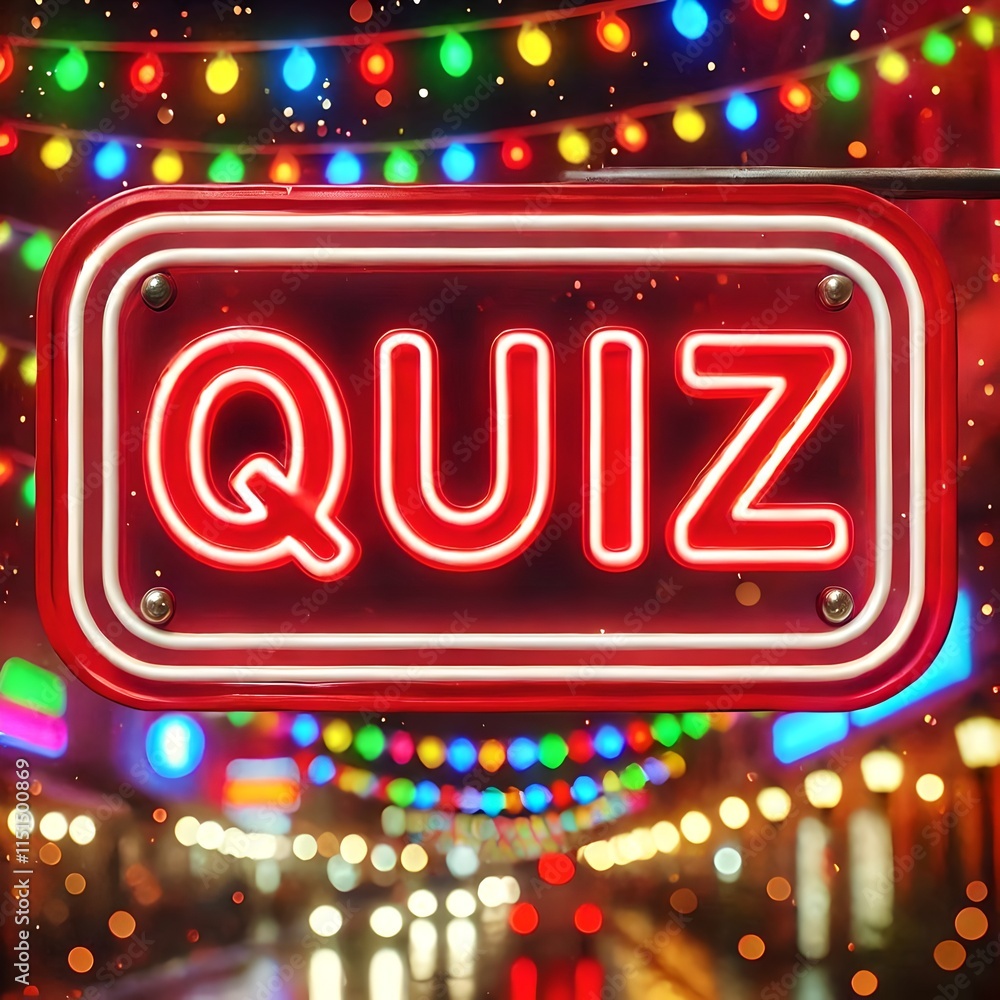 A red neon sign that says QUIZ against a blurred background of colorful lights, possibly representing a festive or celebratory scene A red neon sign that says QUIZ against a blurred background of colorful lights, possibly representing a festive or celebratory scene