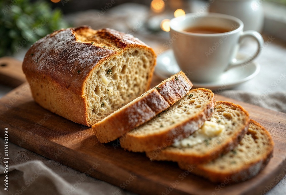 A mouthwatering scene of freshly baked bread, garnished with butter and served alongside a hot cup of tea. A mouthwatering scene of freshly baked bread, garnished with butter and served alongside a hot cup of tea.