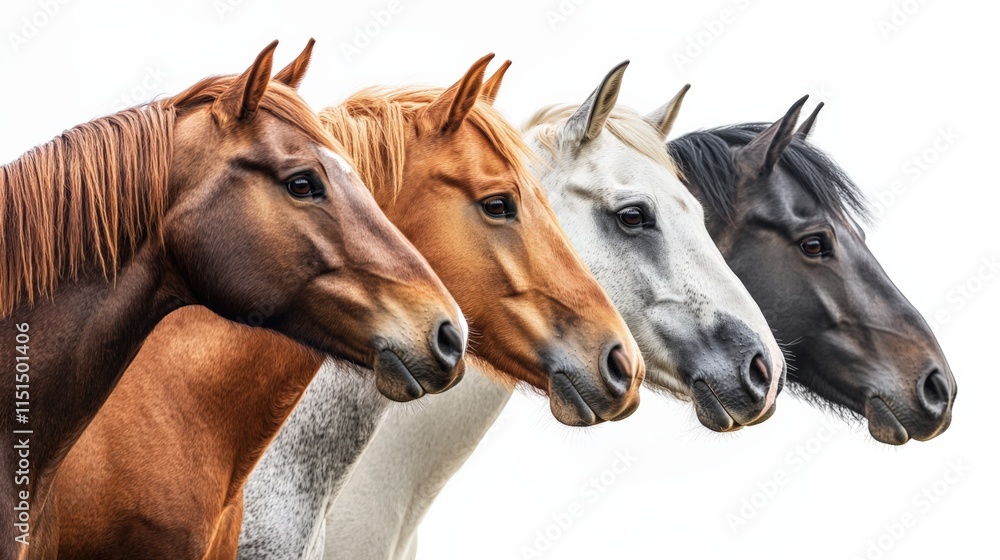 Fototapeta premium a line of four horses with varied coat colors