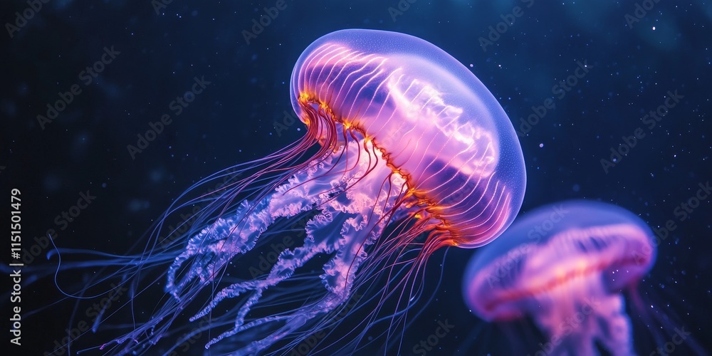 Naklejka premium Glowing jellyfish display captivating beauty in underwater realms, showcasing the wonder of chrysaora pacifica. Experience the enchanting glow of jellyfish in mesmerizing underwater settings.