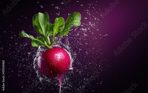 A shiny red radish with green leaves floating in mid-air, with a splash of water droplets, set against a deep purple background