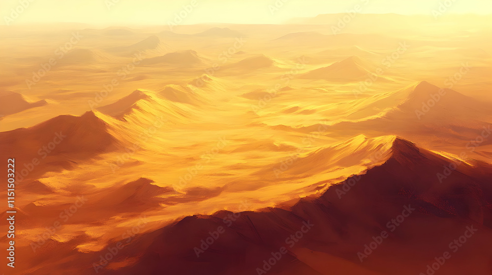 Naklejka premium Golden Desert Landscape: Aerial View of Sand Dunes at Sunset