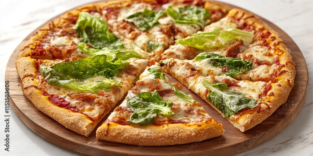 Caesar pizza displayed on a round board with a sliced piece, showcasing the delicious Caesar pizza ready to be enjoyed. Indulge in the flavors of this tempting Caesar pizza. Caesar pizza displayed on a round board with a sliced piece, showcasing the delicious Caesar pizza ready to be enjoyed. Indulge in the flavors of this tempting Caesar pizza.