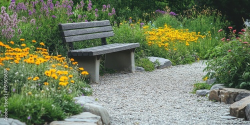 Concrete bed in a park surrounded by vibrant flowers and aromatic herbs, providing a serene atmosphere near a charming stone pathway, perfect for relaxation and nature appreciation. photo