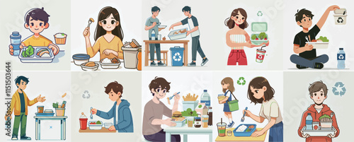 Vector set of a teenager storing leftover food in a simple flat design style