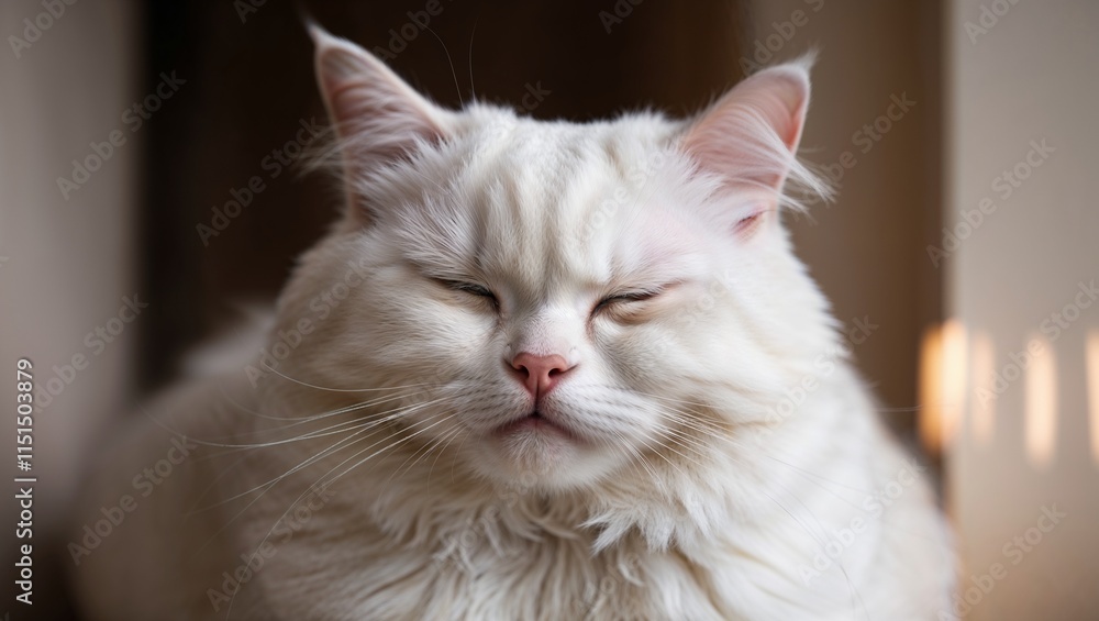 Intimate Close-Up Portrait of a Serene White Cat, Gently Staring with Calm Eyes, Capturing the Soft Details of Its Fur and Tranquil Expression Against a Subtle Background Intimate Close-Up Portrait of a Serene White Cat, Gently Staring with Calm Eyes, Capturing the Soft Details of Its Fur and Tranquil Expression Against a Subtle Background