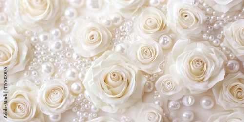 Elegant textile wedding background featuring delicate white roses and lustrous pearls, creating a dreamy ambiance perfect for wedding themes and celebrations. The textile wedding backdrop enhances