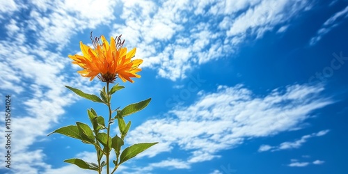 Blooming Carthamus tinctorius, also known as false saffron, stands vibrant against a blue sky adorned with clouds, showcasing the beauty of Carthamus tinctorius in its natural setting. photo