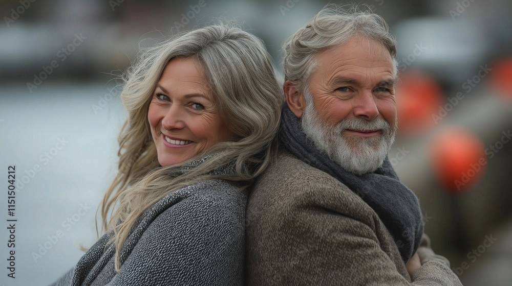 Fototapeta premium A joyful mature couple sits back to back on a cool autumn day by the waterfront, embracing the moment with smiles that reflect their love and companionship as they enjoy the serene atmosphere
