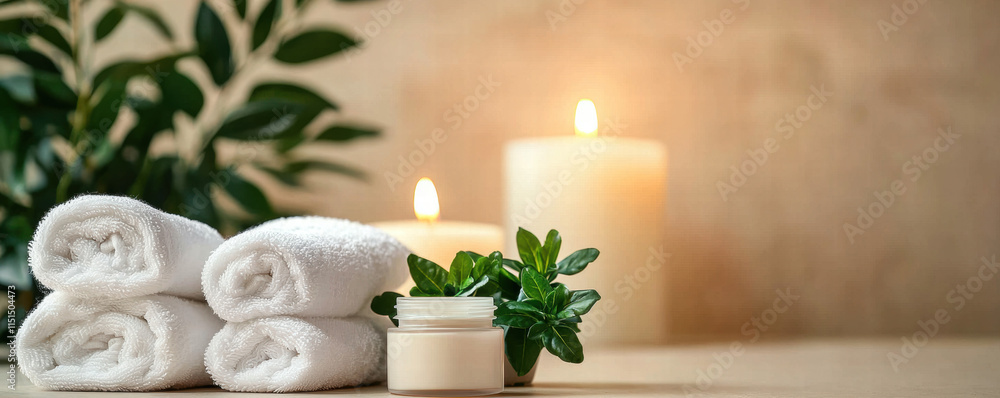 Relaxation self-care wellness. Spa setting with white towels, candles, and aromatic herbs for relaxation. Relaxation self-care wellness. Spa setting with white towels, candles, and aromatic herbs for relaxation.