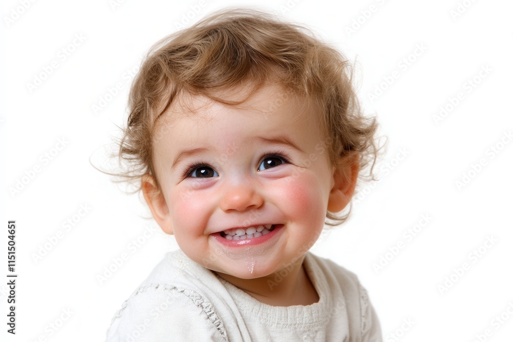 A happy baby with a bright smile and a tear rolling down their cheek, illuminated by warm directional lighting against a plain white background A happy baby with a bright smile and a tear rolling down their cheek, illuminated by warm directional lighting against a plain white background