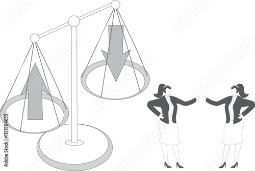 Income is balanced with expenses, investment budgets, gains are balanced with losses, equidistant traders look at upward and downward arrows on a balancing scale to maintain balance