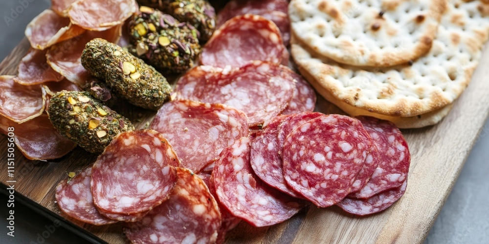 Rustic artisan produce featuring salami and salumi, showcasing a delectable cured meat plate that includes Parma ham, pistachio, and fennel seeds, paired with flatbread and focaccia. Rustic artisan produce featuring salami and salumi, showcasing a delectable cured meat plate that includes Parma ham, pistachio, and fennel seeds, paired with flatbread and focaccia.