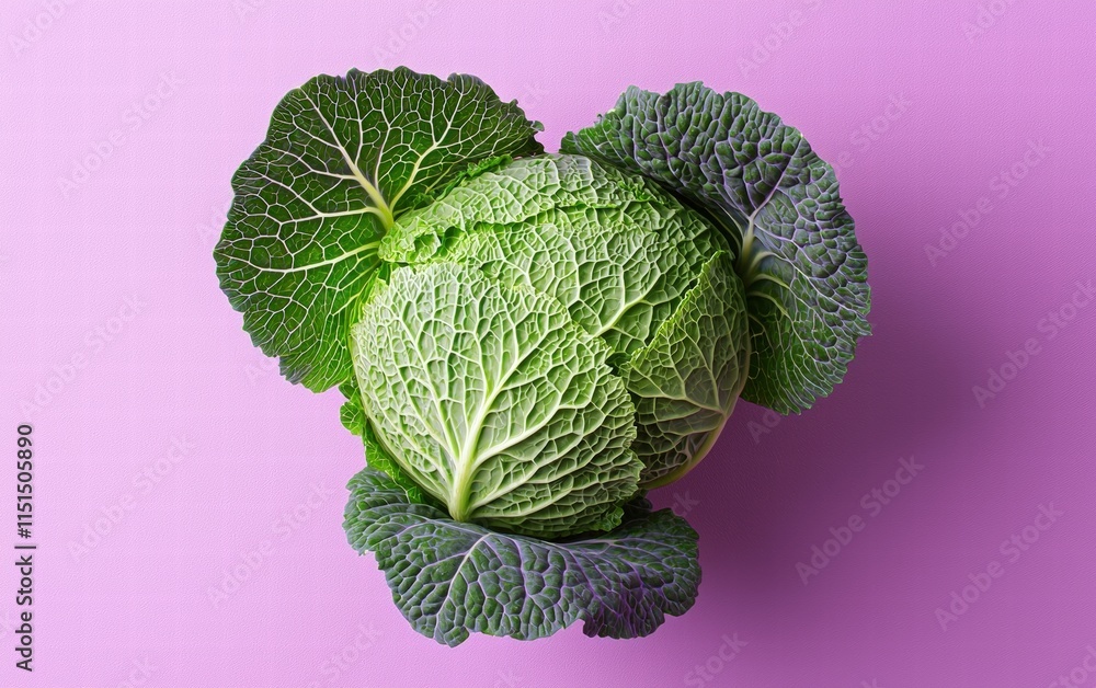 Fototapeta premium A vibrant green cabbage floating with intricate leaf details, set on a soft purple background