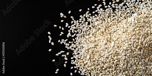 White sesame seeds are piled high, showcasing the healthy benefits of these sesamum grains. This top view of sesame seeds against a black background emphasizes their appeal as a diet garnish. photo